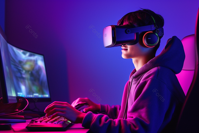 晚上电竞男选手戴VR眼镜打游戏,高清,摄影图,摄影图片,图片大全,摄影图免费下载
